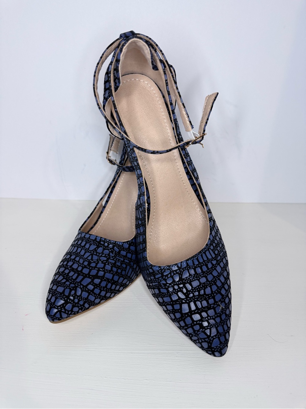 Blue Black Croc Print Pointed Toe Ankle-Strap Block Heels Size 41